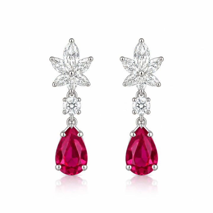 Snowflake design pear cut lab grown ruby earrings stud