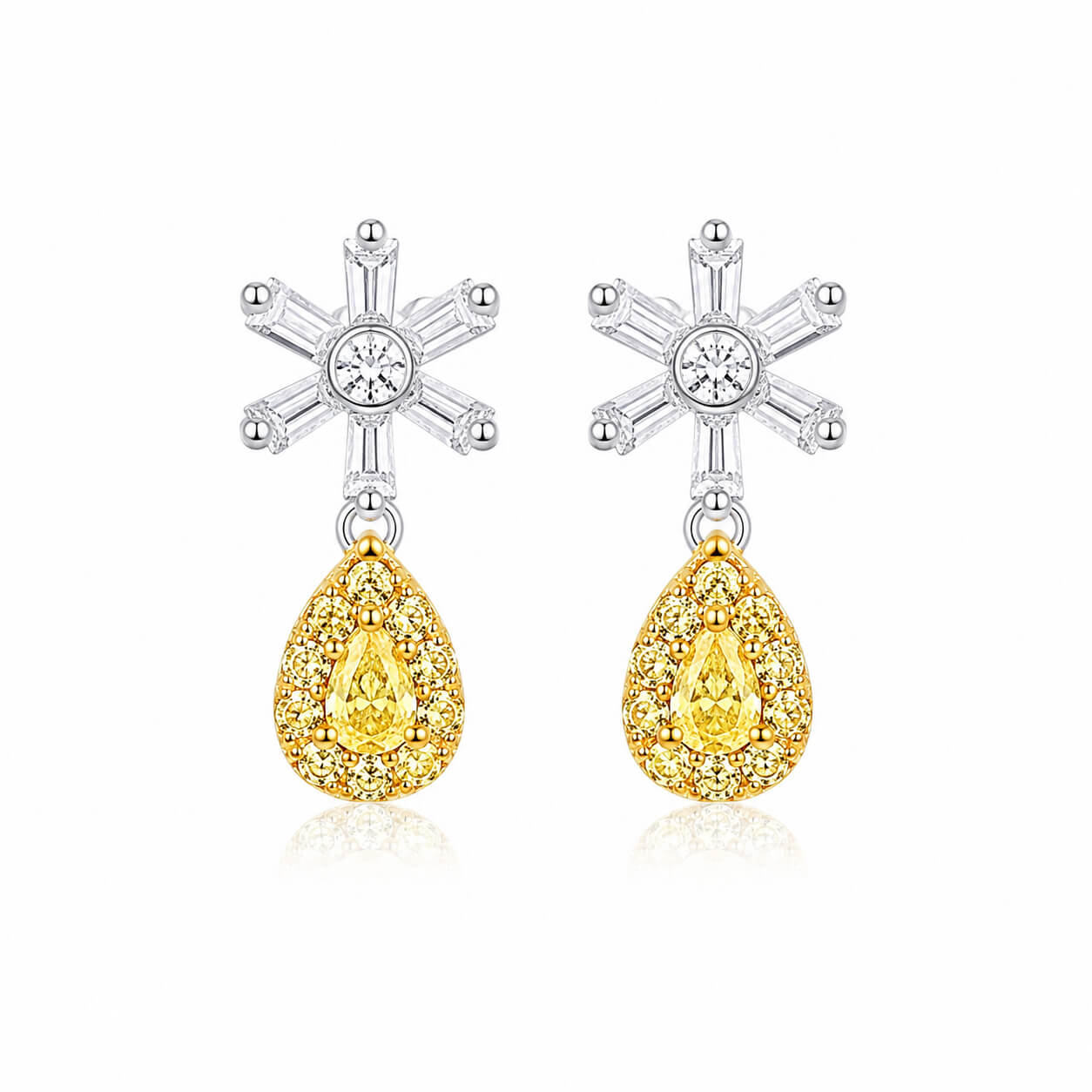 Snowflake design pear cut lab grown yellow diamond earrings stud