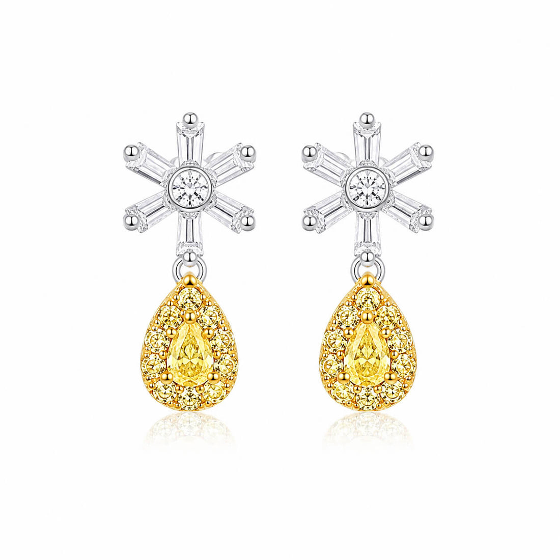 Snowflake design pear cut lab grown yellow diamond earrings stud