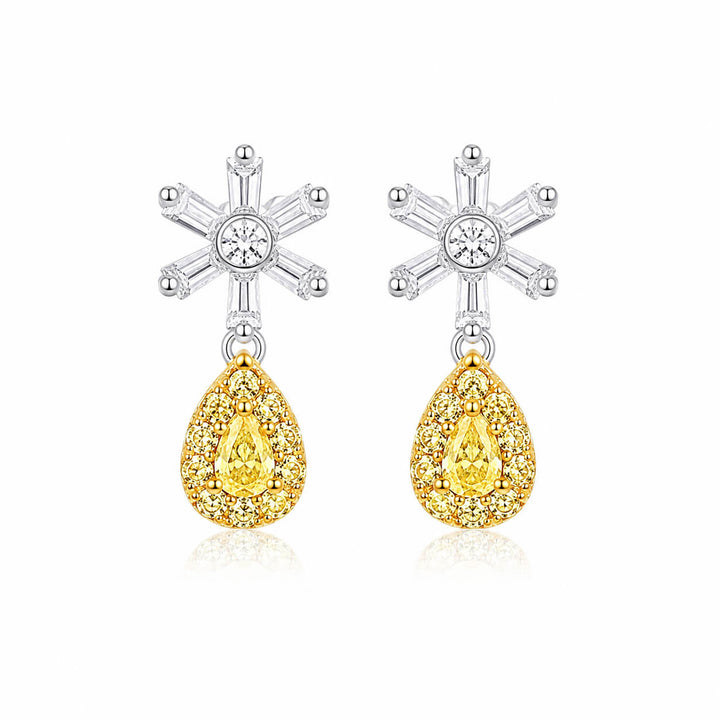 Snowflake design pear cut lab grown yellow diamond earrings stud