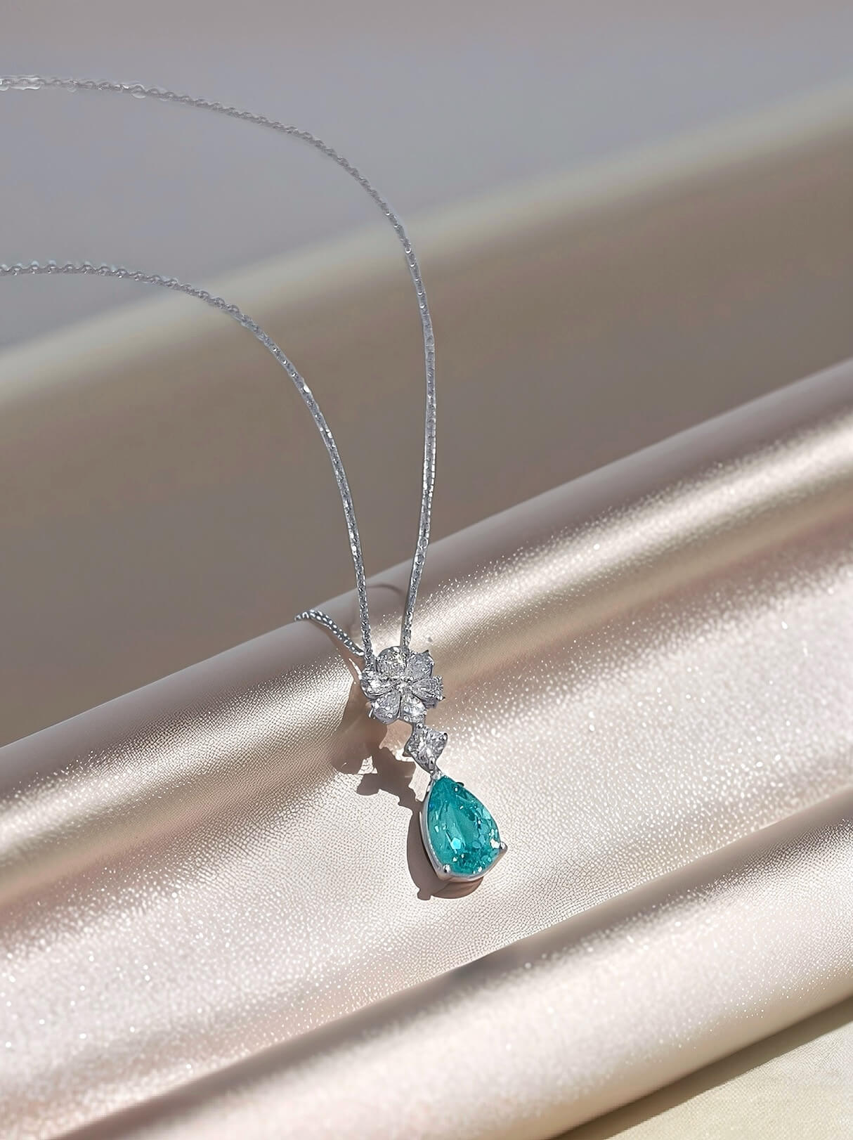 Snowflower design pear cut lab grown paraiba pendant necklace