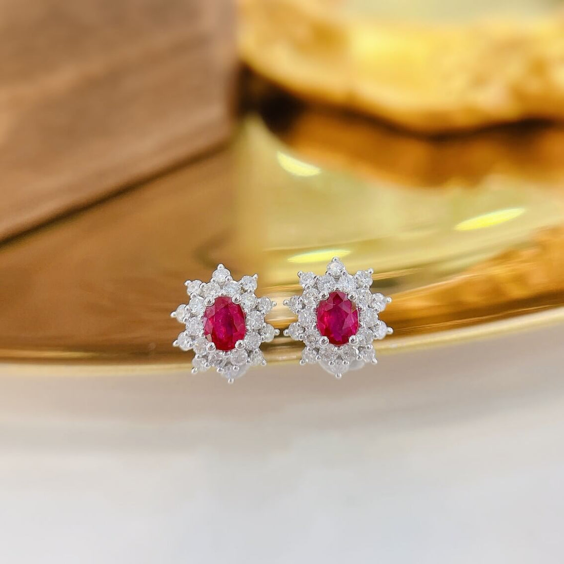 Sunflower design oval cut lab grown ruby earrings stud