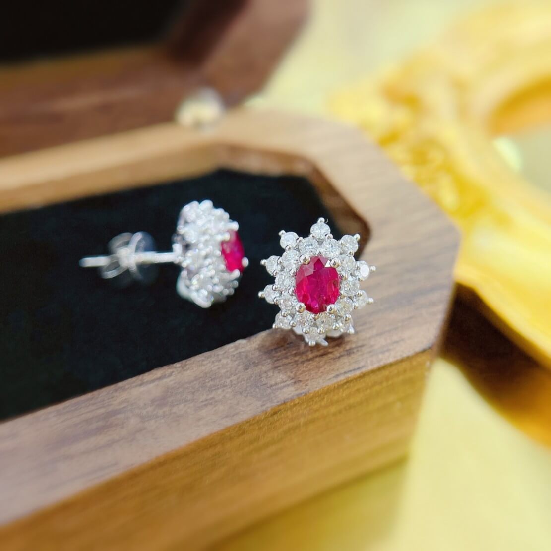 Sunflower design oval cut lab grown ruby earrings stud