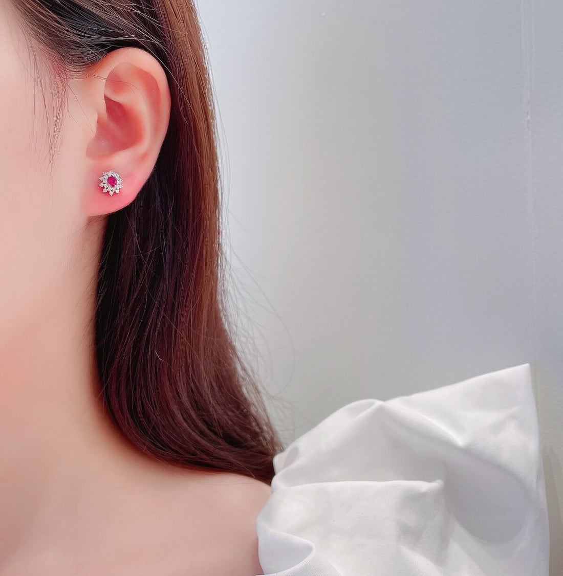 Sunflower design oval cut lab grown ruby earrings stud
