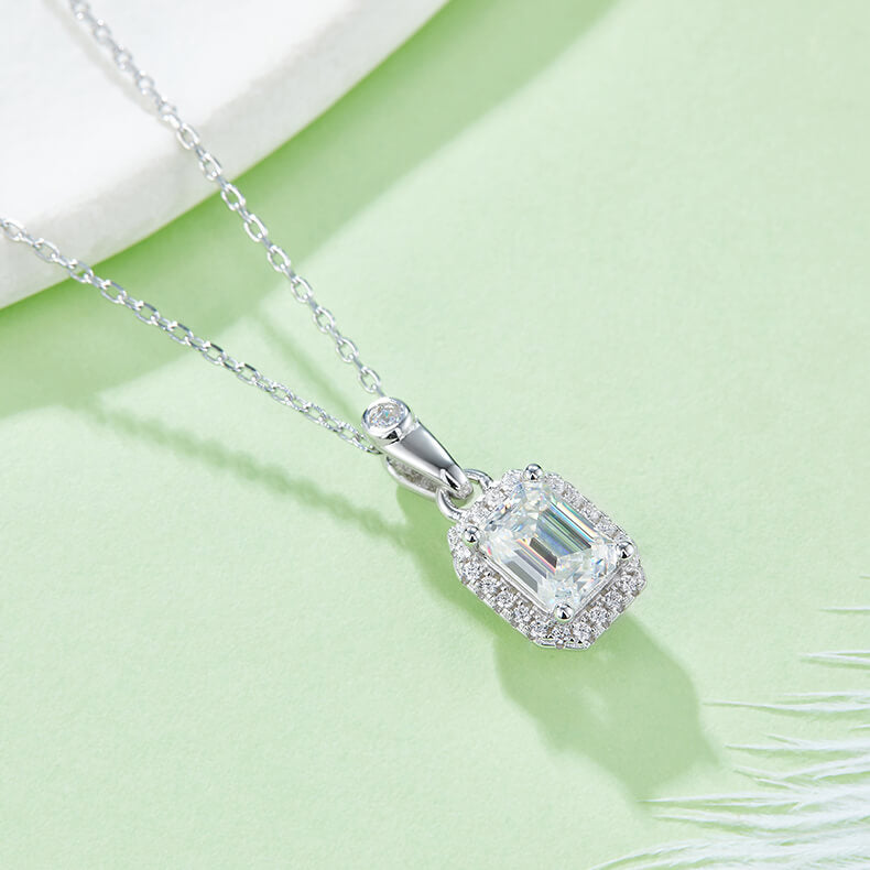 Emerald cut Halo Moissanite pendant necklace
