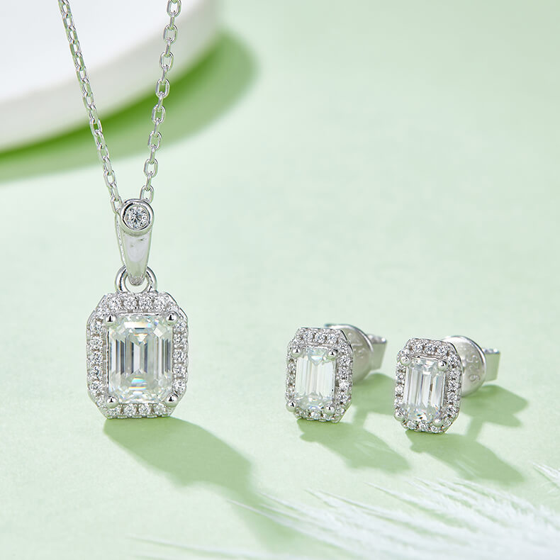 Emerald cut Halo Moissanite pendant necklace