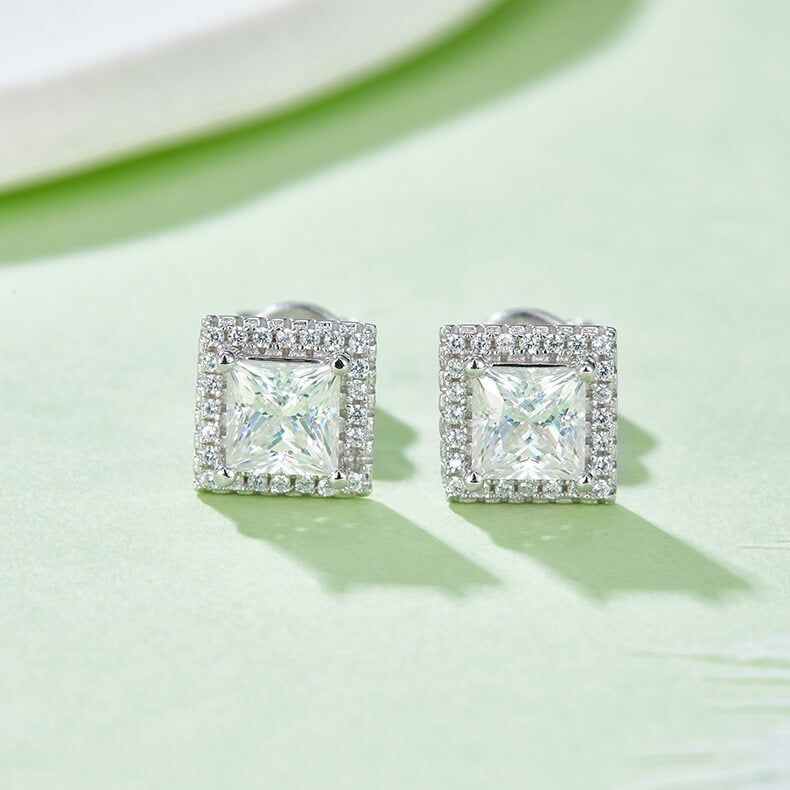 Princess cut Halo Moissanite earrings stud