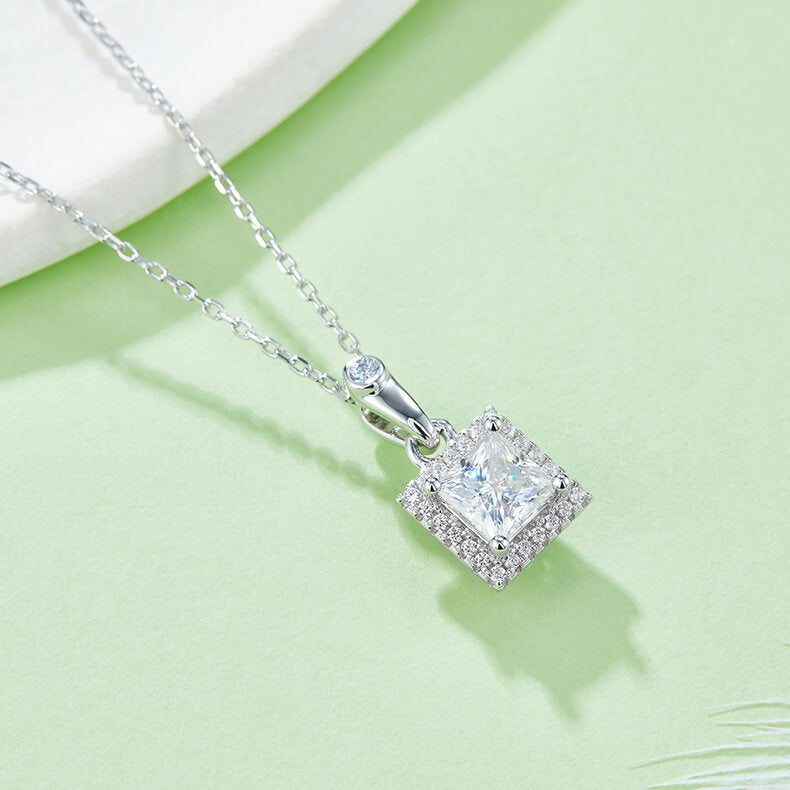 Princess cut Halo Moissanite pendant necklace