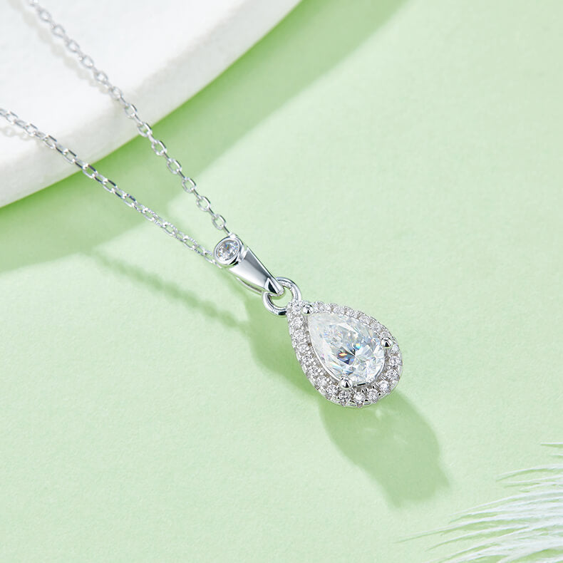 Pear cut Halo Moissanite pendant necklace