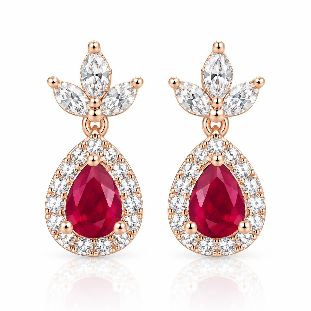 Three-leaf clover design pear cut lab grown ruby earrings stud