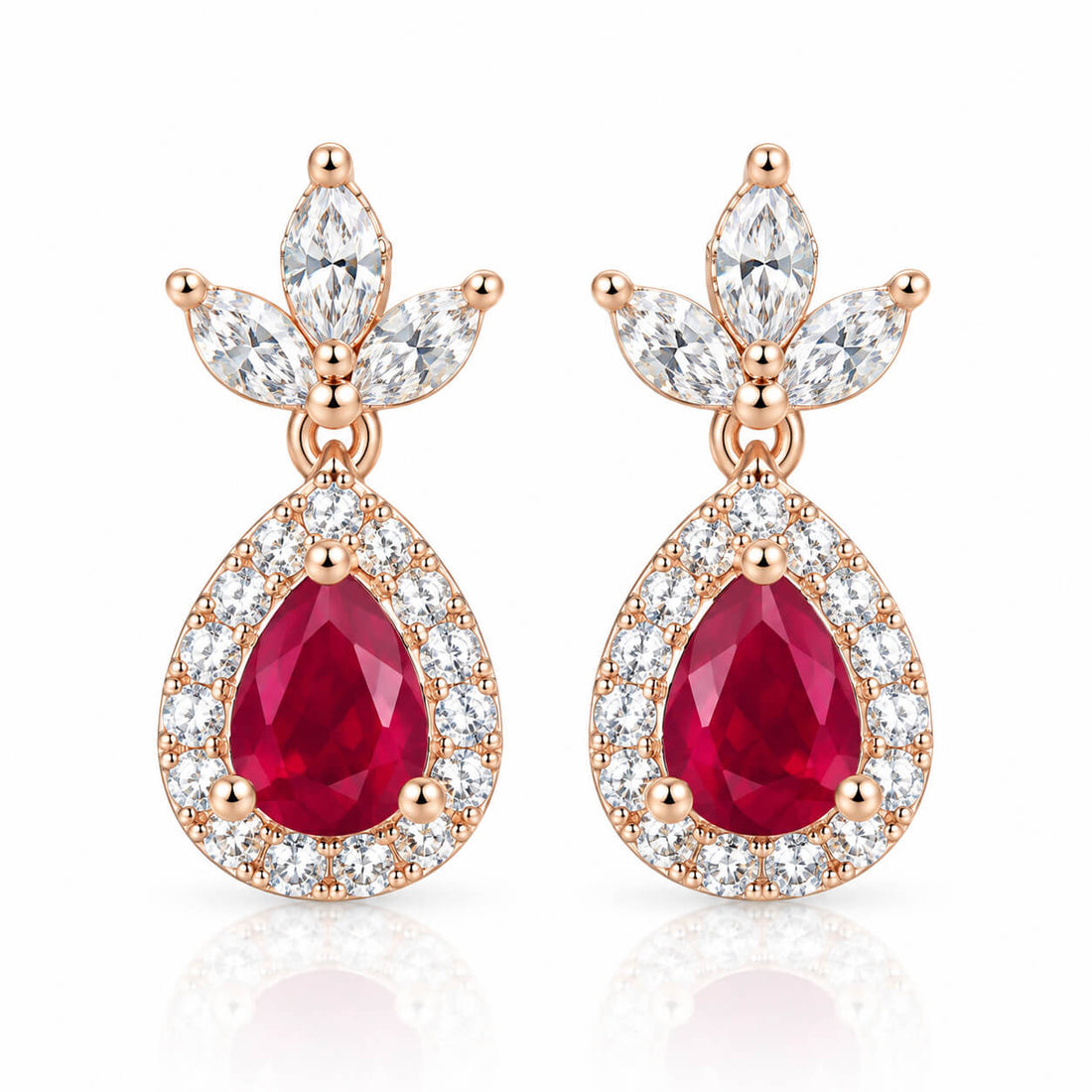 Three-leaf clover design pear cut lab grown ruby earrings stud