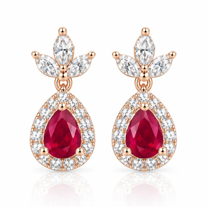 Three-leaf clover design pear cut lab grown ruby earrings stud
