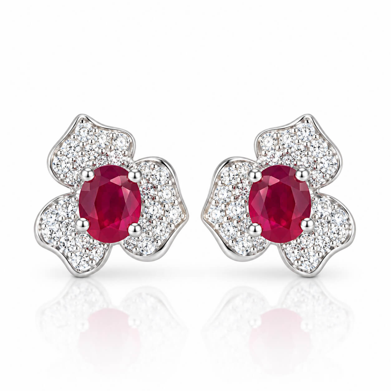 Three-petal flower oval cut lab grown ruby earrings stud