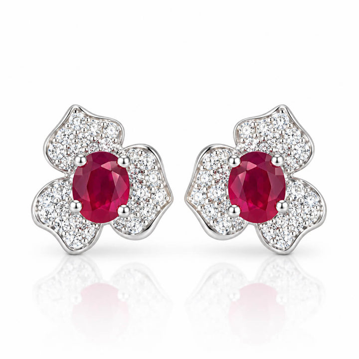 Three-petal flower oval cut lab grown ruby earrings stud