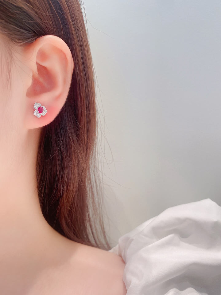 Three-petal flower oval cut lab grown ruby earrings stud