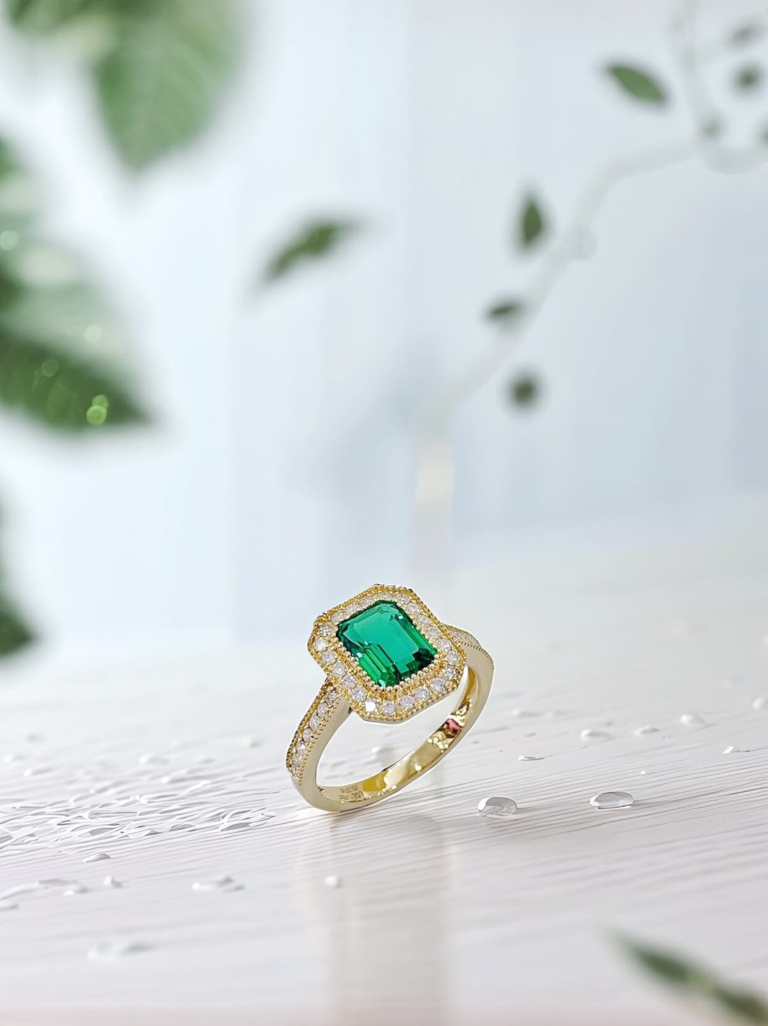 Vintage design lab grown emerald engagement ring