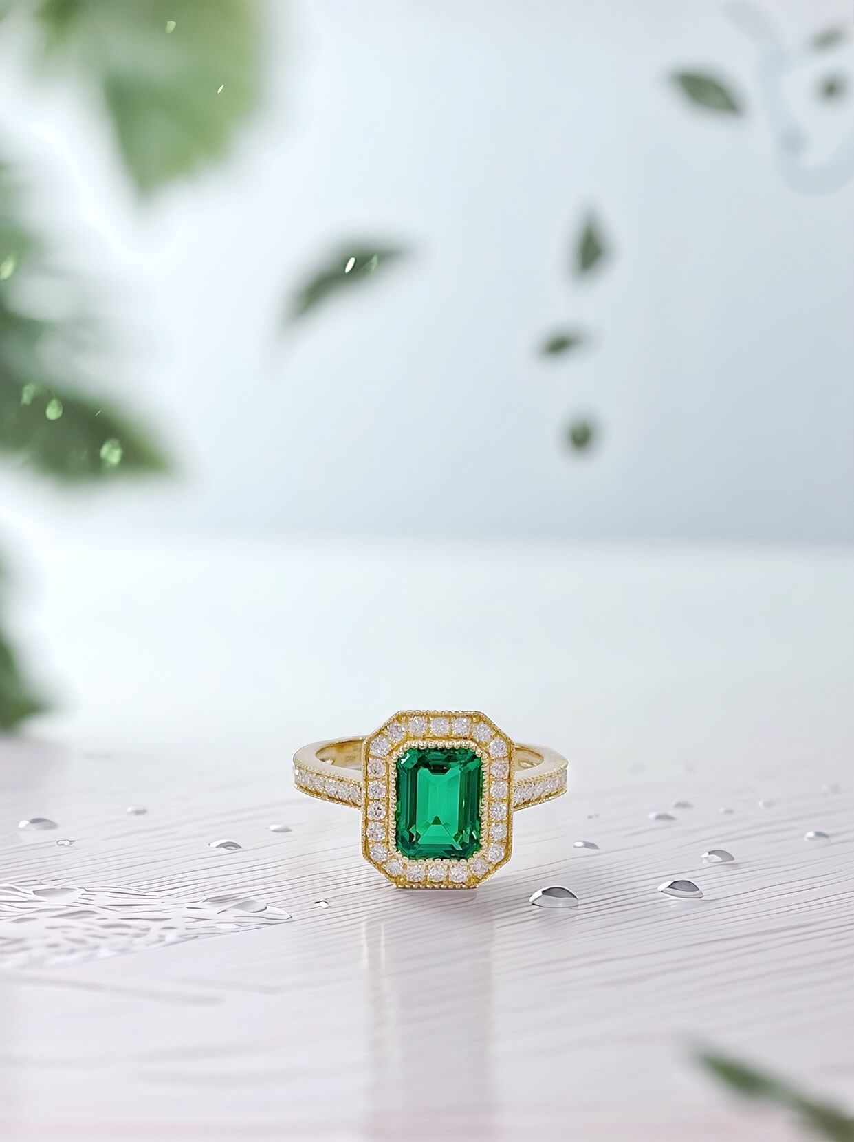 Vintage design lab grown emerald engagement ring