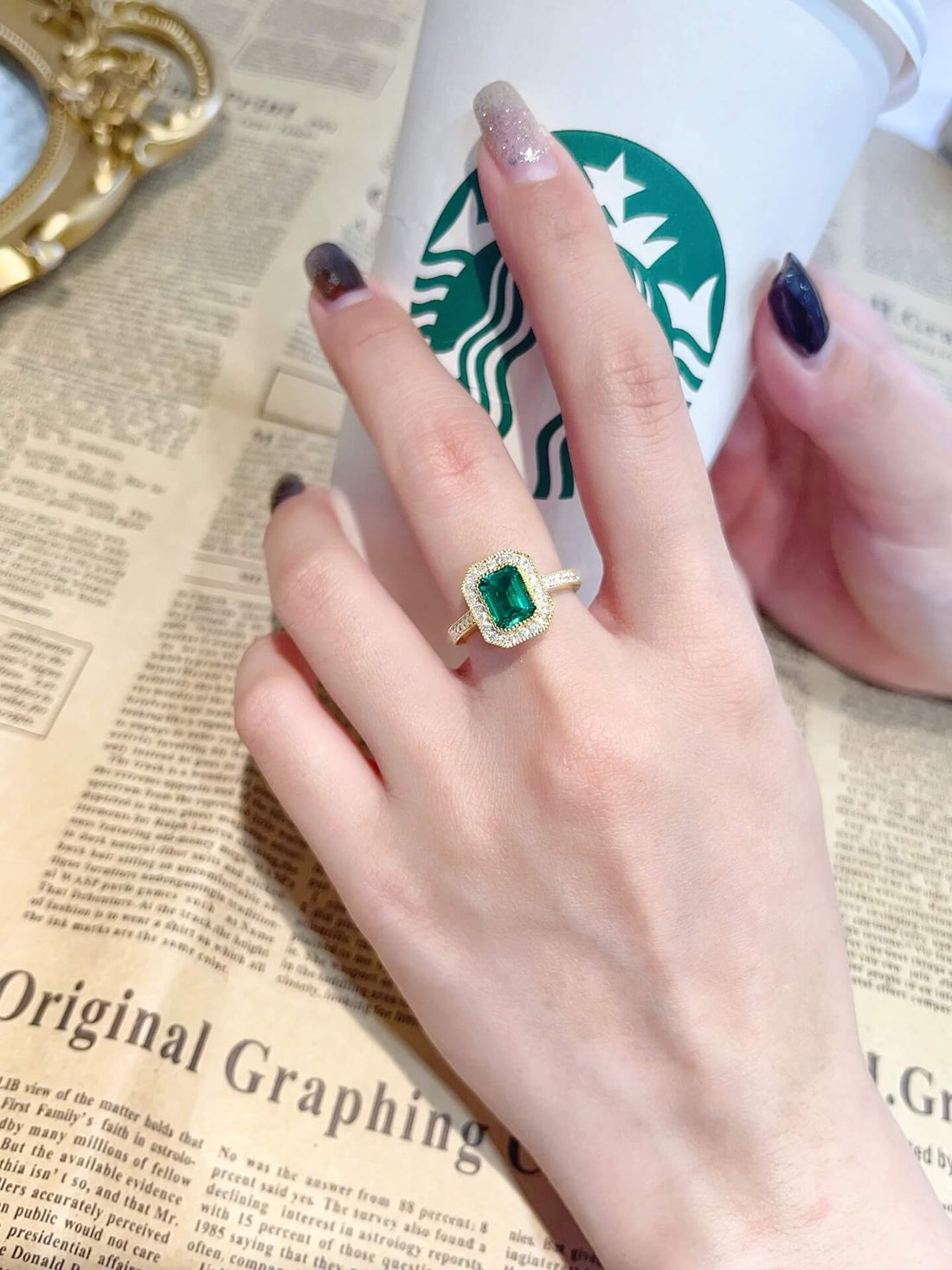 Vintage design lab grown emerald engagement ring
