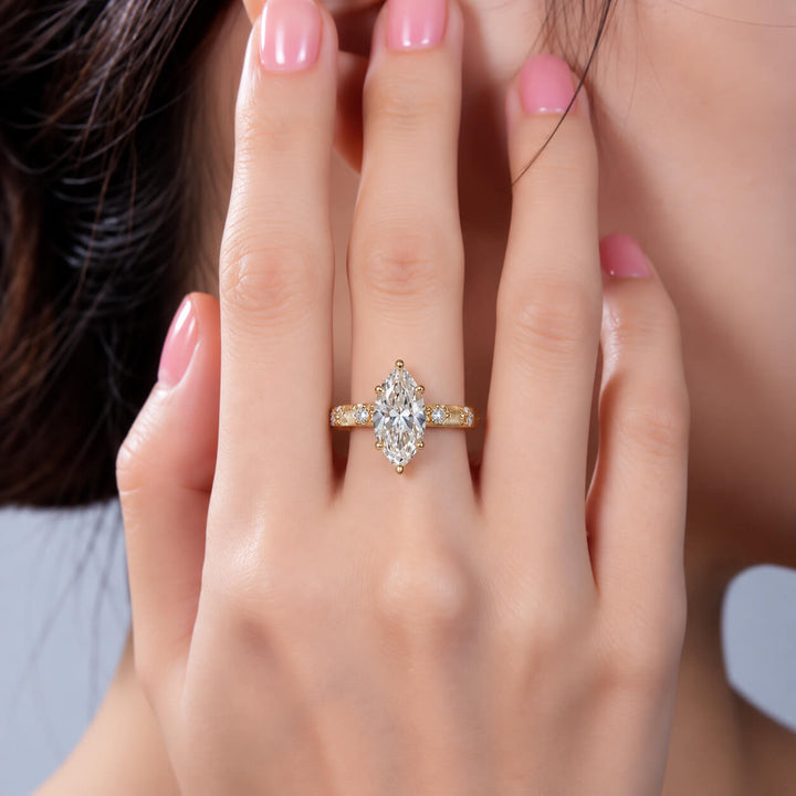 Vintage style marquise cut lab grown diamond engagement ring