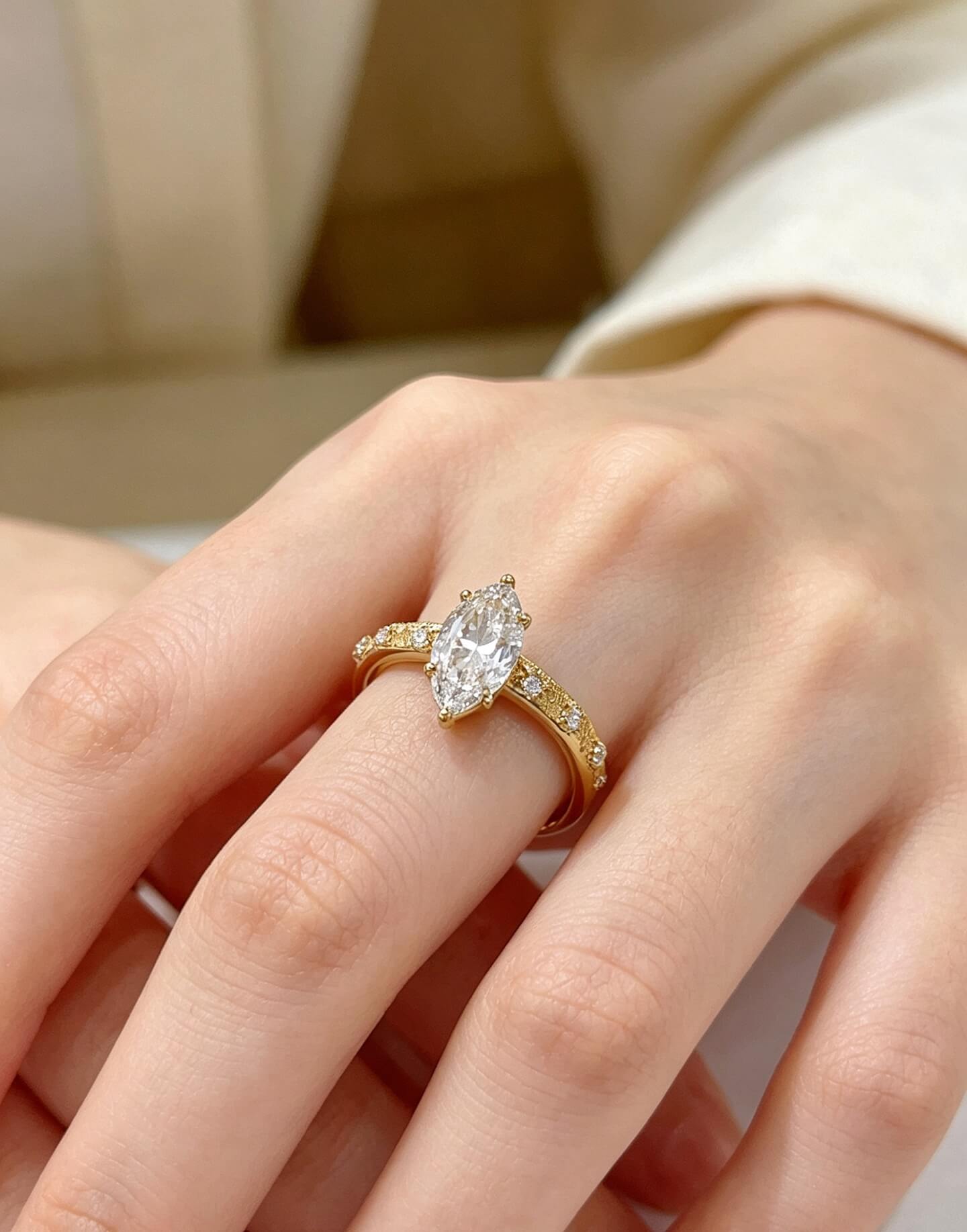 Vintage style marquise cut lab grown diamond engagement ring