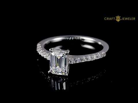 Half pave emerald cut Moissanite solitaire engagement ring