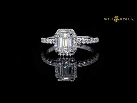 Emerald cut Moissanite halo engagement ring