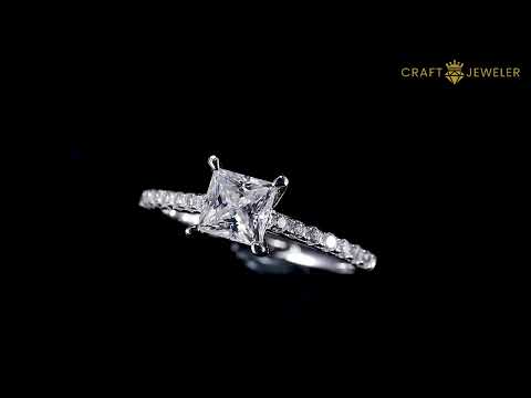 Half pave princess cut Moissanite solitaire engagement ring